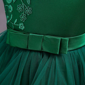 Girls Green Embroidered Sleeveless Layered Party Dress With Bow Party Dresses