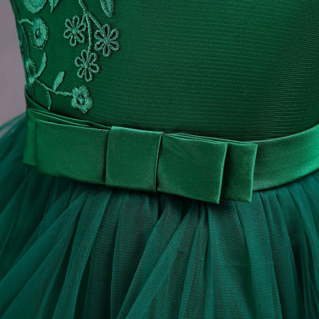 Girls Green Embroidered Sleeveless Layered Party Dress With Bow Party Dresses