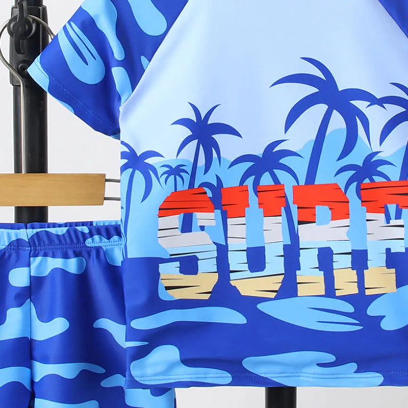 Boys Blue Tropical Print T-Shirt With Shorts Swimwear Sets Beachwear