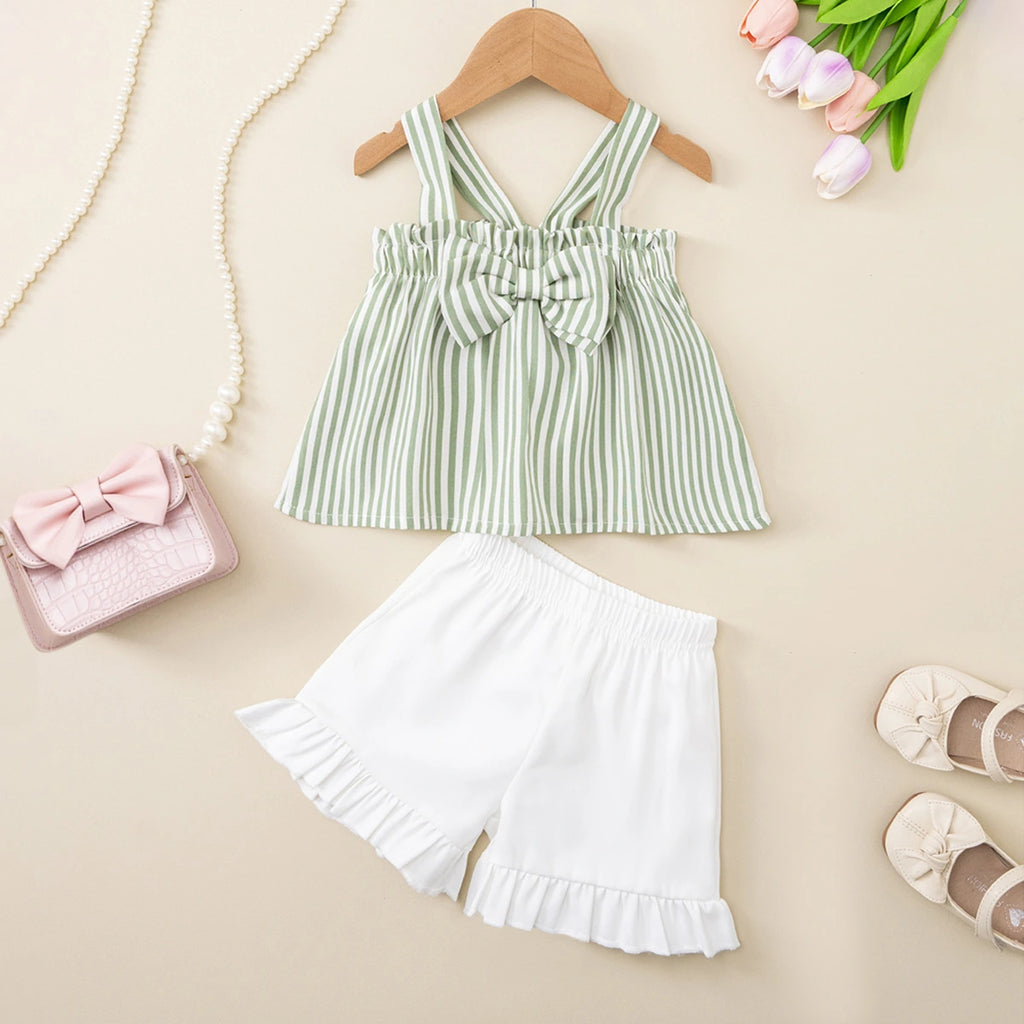 Girls Green Stripes Sleeveless Top With Shorts Set Sets Green 1-2 Y