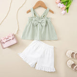 Girls Green Stripes Sleeveless Top With Shorts Set