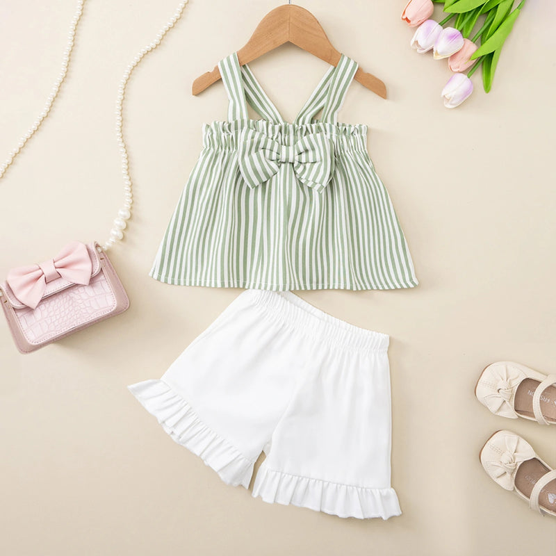 Girls Green Stripes Sleeveless Top With Shorts Set Sets Green 1-2 Y