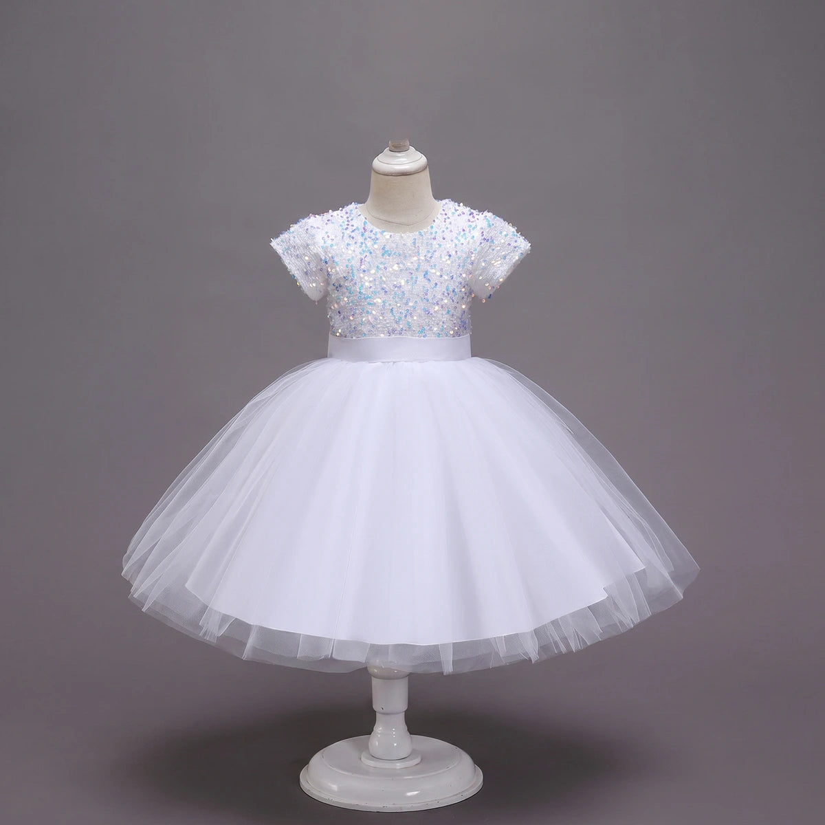 Girls White Puff Sleeve Sequins Embellished Fit & Flare Party Wear Dress Party Dresses White 2-3 Y