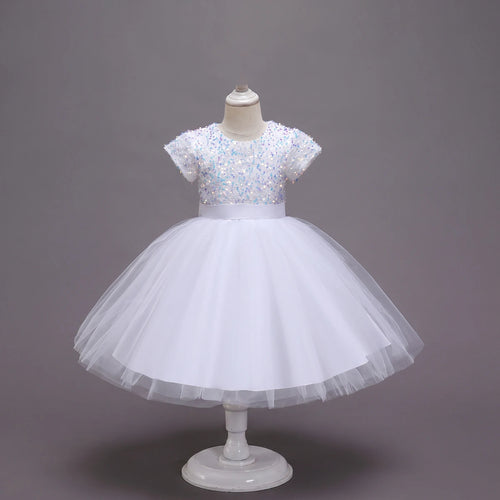 Girls White Puff Sleeve Sequins Embellished Fit & Flare Party Wear Dress Party Dresses White 2-3 Y