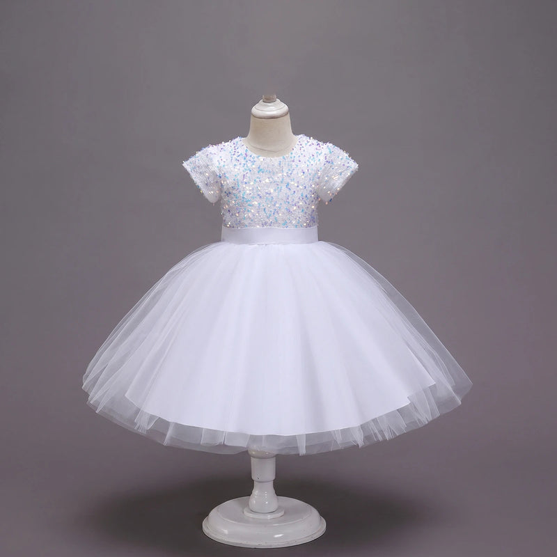 Girls White Puff Sleeve Sequins Embellished Fit & Flare Party Wear Dress Party Dresses White 2-3 Y