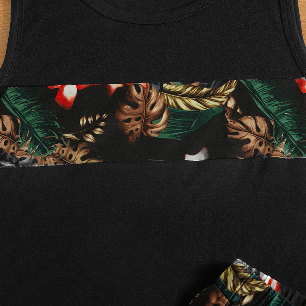 Boys Black Tropical Printed Sleeveless Vest With Shorts Set 2 pc. Sets