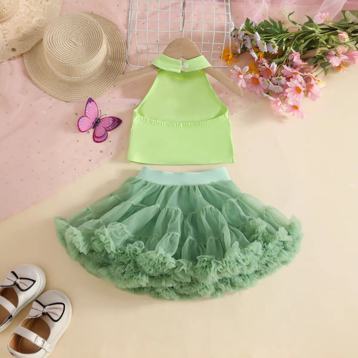 Girls Lime Green Butterfly Applique Halter Top With Tiered Tulle Tutu Skirt Sets Sets