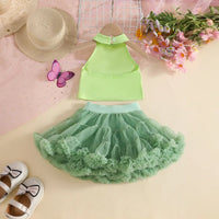 Girls Lime Green Butterfly Applique Halter Top With Tiered Tulle Tutu Skirt Sets Sets