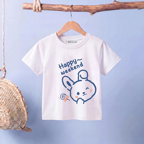 Girls White Short Sleeve Happy Weekend Typography Print T-Shirt Tshirts White 1-2 Y