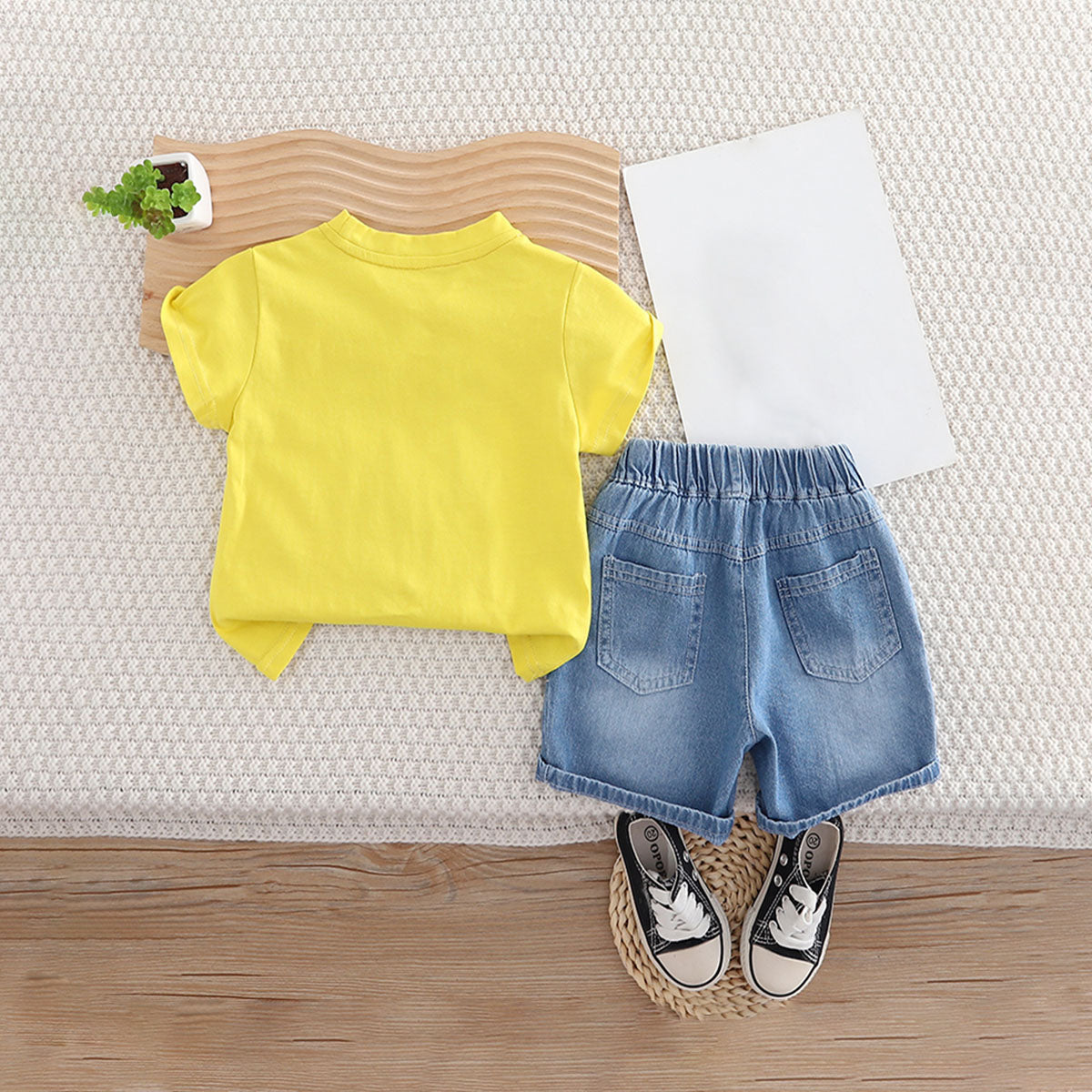 Boys Yellow Graphic Short Sleeves T-Shirt With Denim Shorts Set 2 pc. Sets