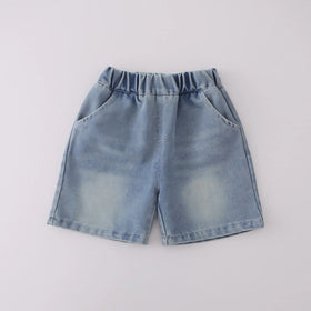 Boys Navy Blue Graphics Short Sleeves T-Shirt With Denim Shorts Set Sets