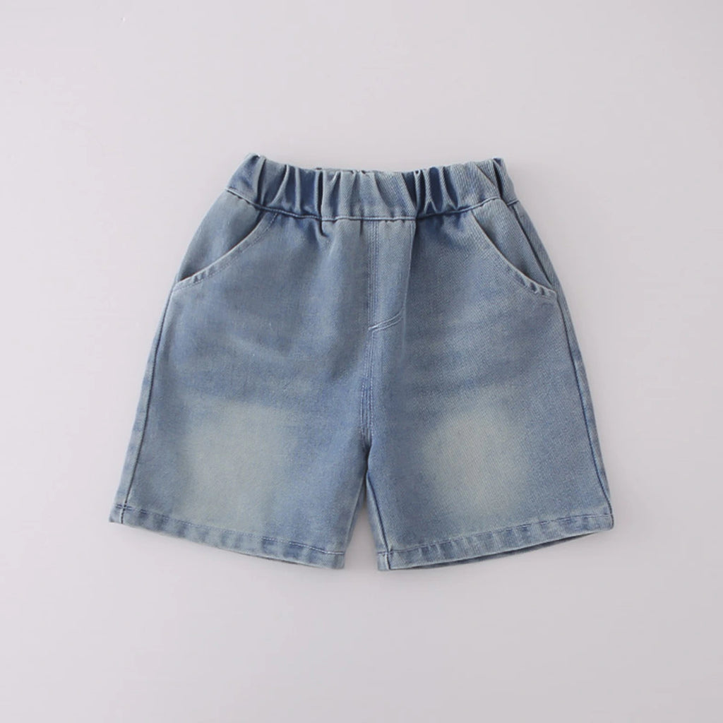 Boys Navy Blue Graphics Short Sleeves T-Shirt With Denim Shorts Set Sets