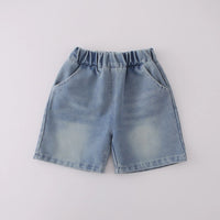 Boys Navy Blue Graphics Short Sleeves T-Shirt With Denim Shorts Set Sets