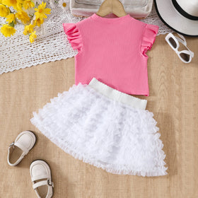 Girls Dark Pink Pearl Embellished Top With Ruffled Tulle Skirts Set Sets