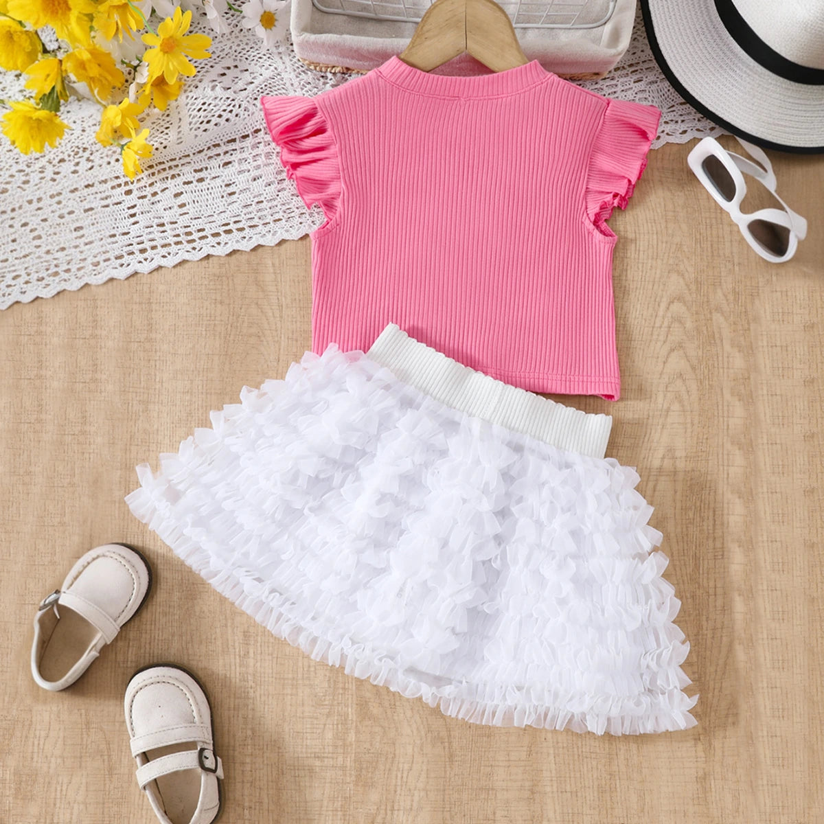 Girls Dark Pink Pearl Embellished Top With Ruffled Tulle Skirts Set Sets