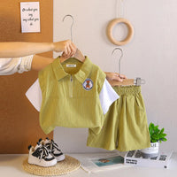 Boys Green Stripes Hal Ziper Polo T-Shirt With Shorts Sets Sets Green 1-2 Y