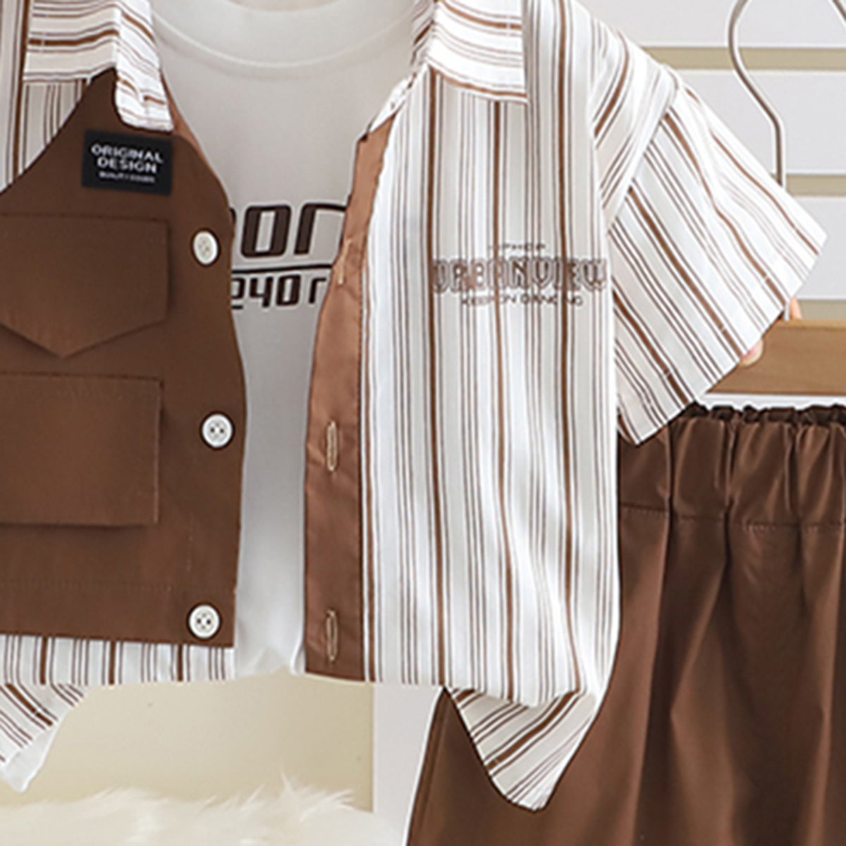 Boys Brown Striped Short Sleeves Shirt With T-Shirt And Shorts Set Sets