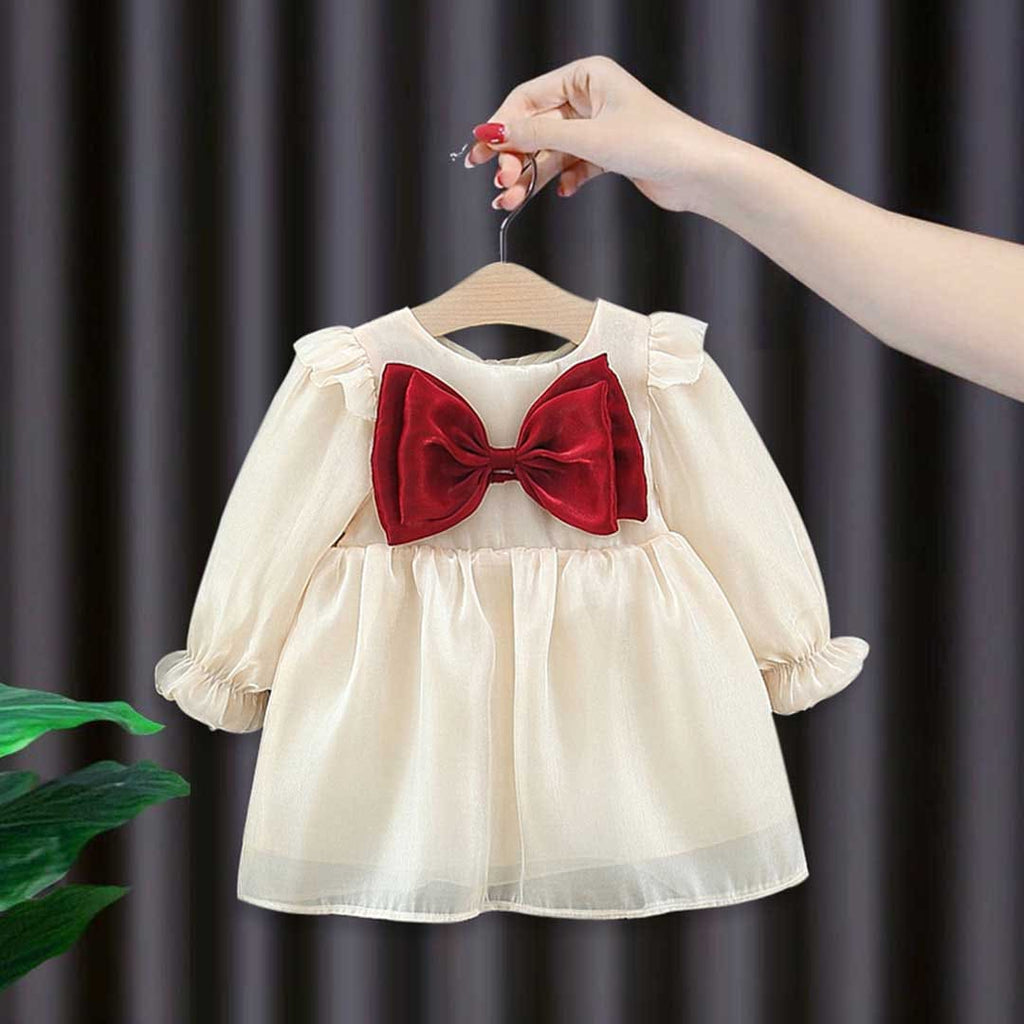 Girls Off White Long Sleeve Dress With Bow Casual Dresses Off White 1-2 Y 