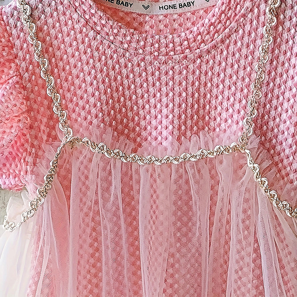 Girls Pink Self Design T-Shirt Dress & Overlay Tulle Pinafore Dress Casual Dresses