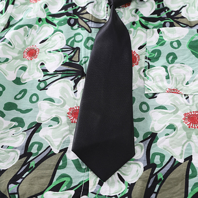 Boys Green Floral Printed Shirt With Neck Tie And Shorts Set Sets