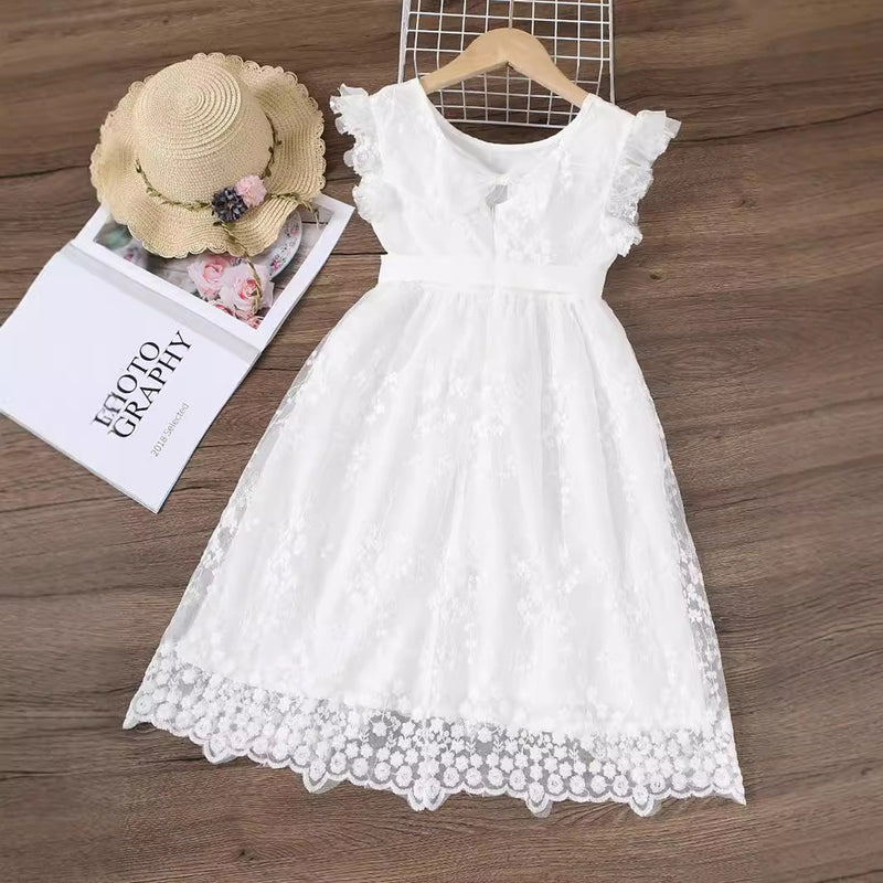 Girls White Sleeveless Fit & Flare Embroidered Dress Casual Dresses