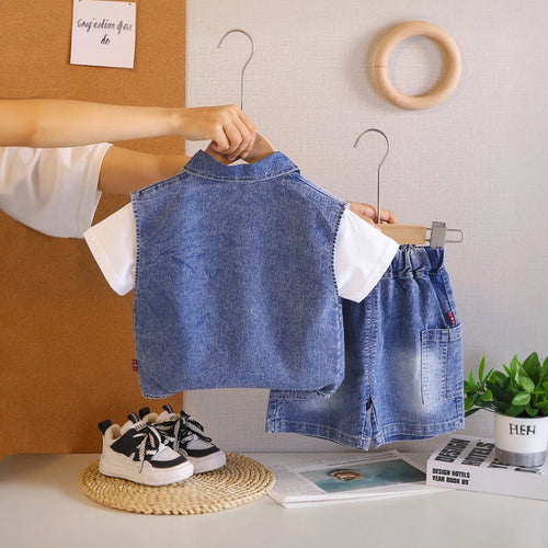 Boys Blue Denim Vest & Shorts With Printed T-Shirt Sets Sets