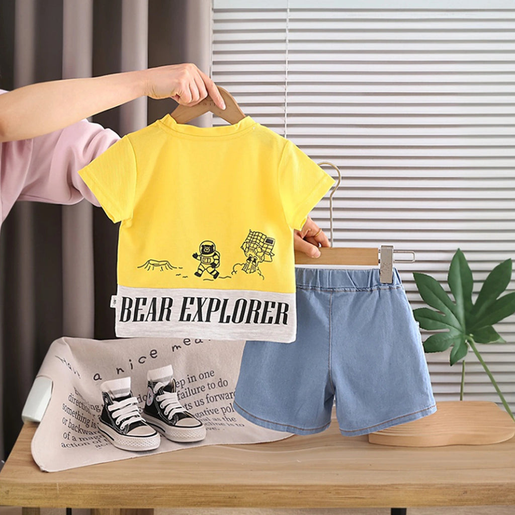 Boys Yellow Graphics T-Shirt With Denim Shorts Set Sets