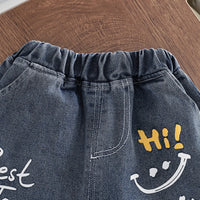 Boys Black Typographic Print T-Shirt With Distressed Denim Shorts Set Sets