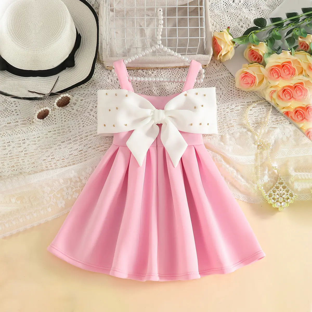 Girls Pink Sleeveless Fit & Flare Party Wear Dress With Elegant Bow Detail Party Dresses