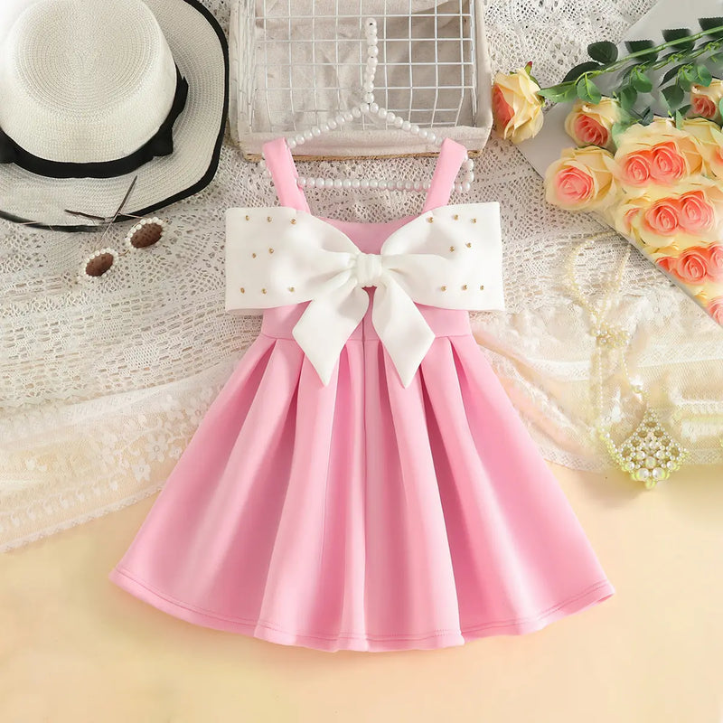 Girls Pink Sleeveless Fit & Flare Party Wear Dress With Elegant Bow Detail Party Dresses