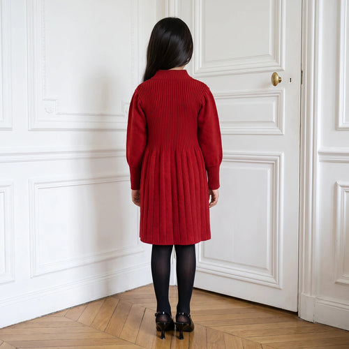 Girls Red Textured Mandarin Collar A-line Dress Casual Dresses