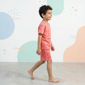Boys Peach Typographic Short Sleeve T-Shirt With Elasticated Shorts Sets Sets