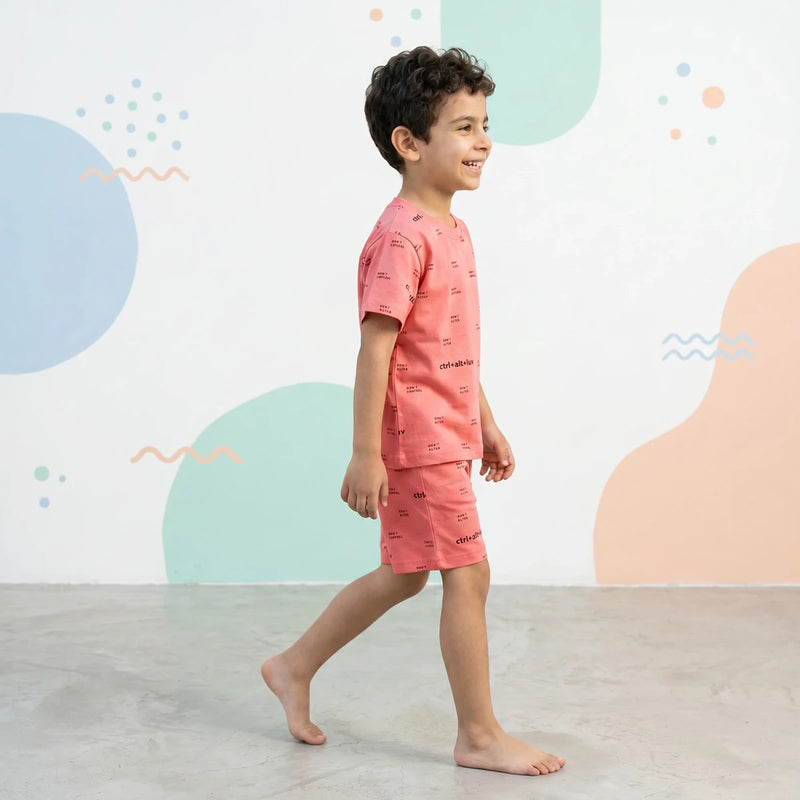 Boys Peach Typographic Short Sleeve T-Shirt With Elasticated Shorts Sets Sets