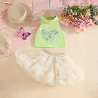 Girls Light Green Butterfly Applique Halter Top With Tiered Tulle Tutu Skirt Sets Sets Light Green 2-3 Y