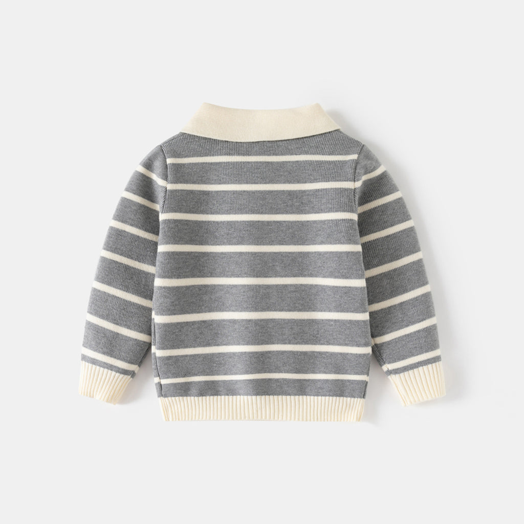 Boys Grey Polo Collar Sweatshirt With Self Design Stripe Patterns Sweaters & Cardigans