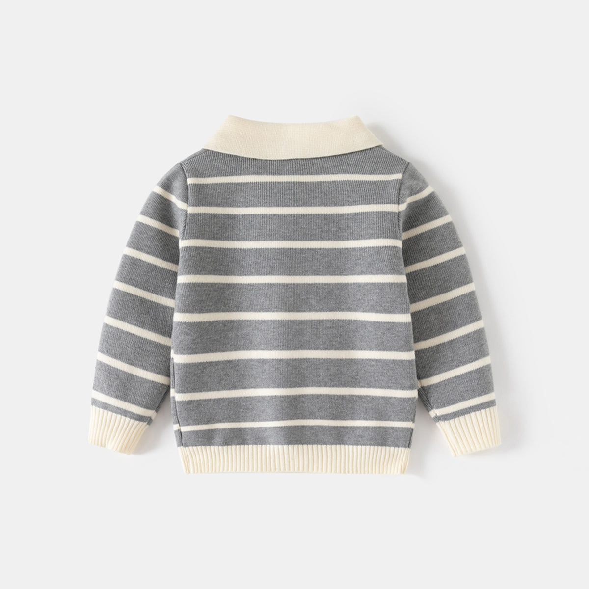 Boys Grey Polo Collar Sweatshirt With Self Design Stripe Patterns Sweaters & Cardigans