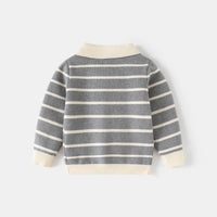 Boys Grey Polo Collar Sweatshirt With Self Design Stripe Patterns Sweaters & Cardigans