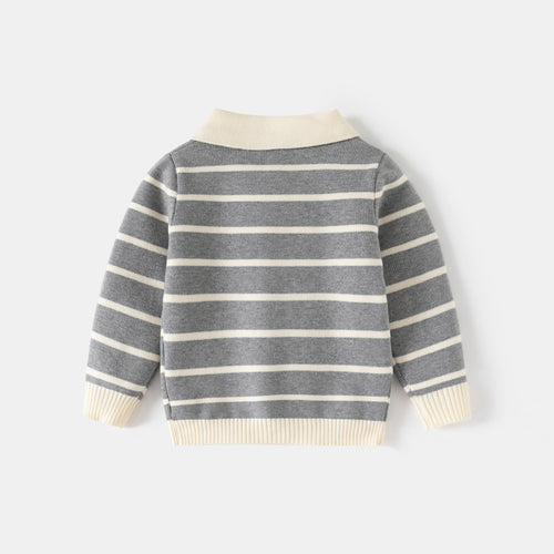 Boys Grey Polo Collar Sweatshirt With Self Design Stripe Patterns Sweaters & Cardigans