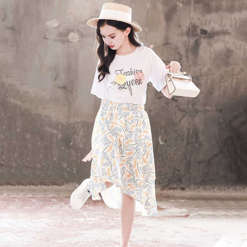 Girls Fashion Queen Print T-Shirt With Leaf Printed Skirts Set 2 pc. Sets White 5-6 Y 