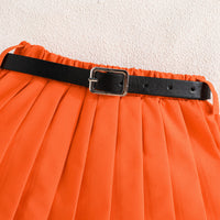 Girls Sleeveless Denim Jacket With Orange Pleated Skirt And Camisole Top Set 3 pc. Sets