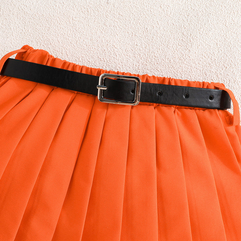 Girls Sleeveless Denim Jacket With Orange Pleated Skirt And Camisole Top Set 3 pc. Sets