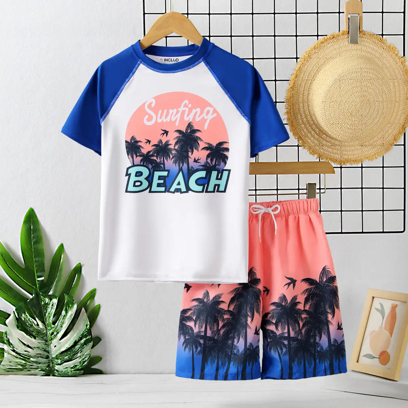 Boys White Tropical Print Short Sleeves T-Shirt With Shorts Swimwear Sets Beachwear White 7-8 Y