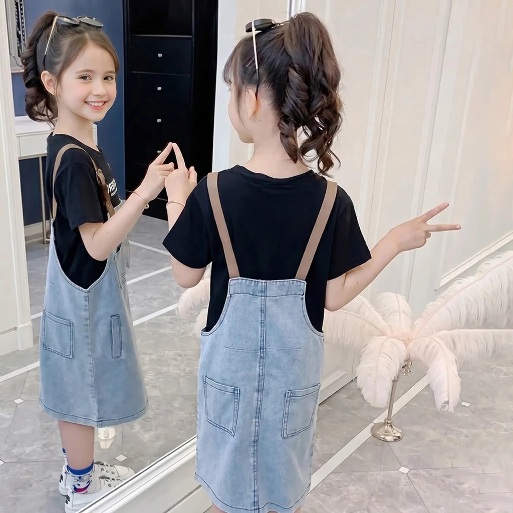 Girls Black Typographic Print Short Sleeve T-Shirt With Dungaree Sets 2 pc. Sets
