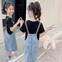 Girls Black Typographic Print Short Sleeve T-Shirt With Dungaree Sets 2 pc. Sets