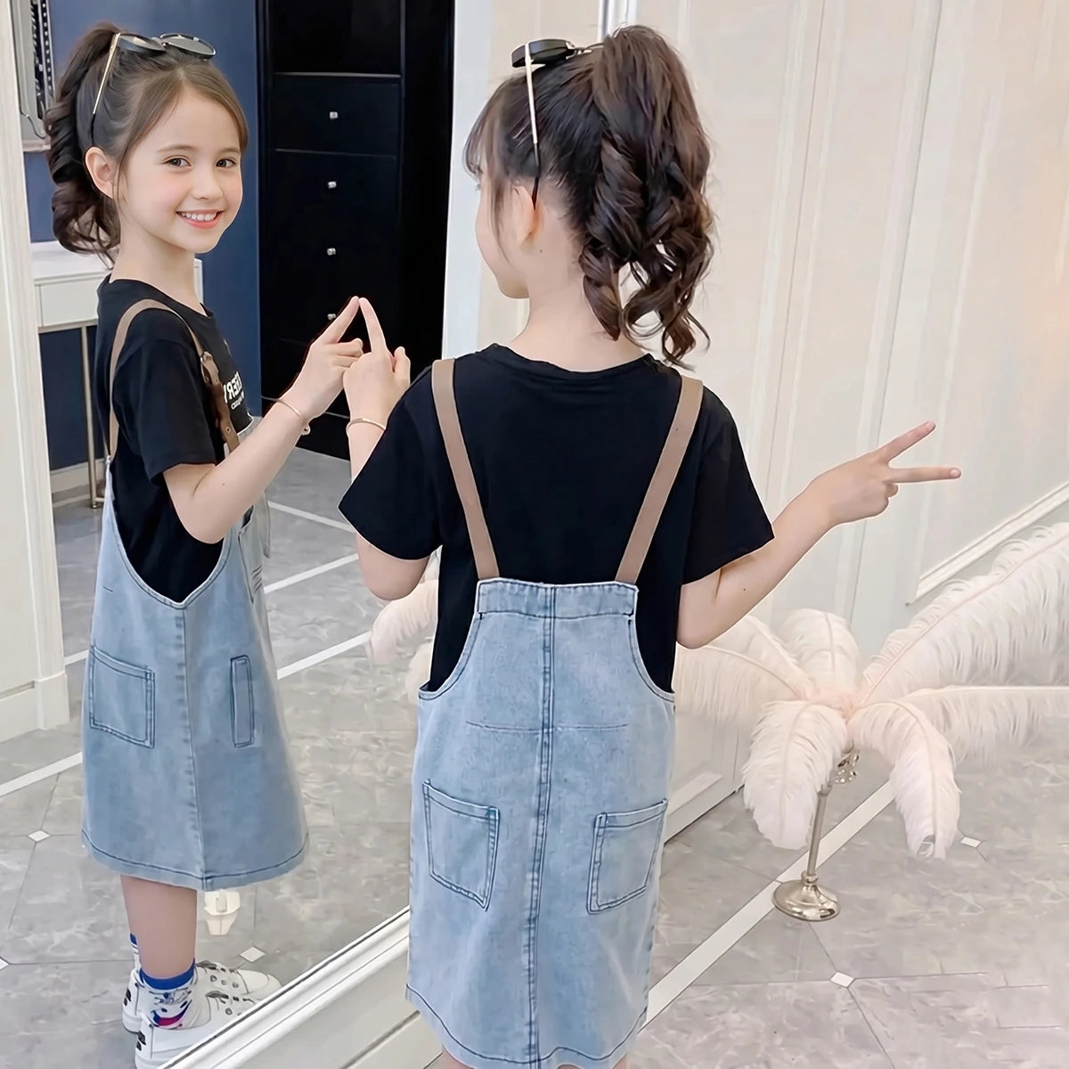 Girls Black Typographic Print Short Sleeve T-Shirt With Dungaree Sets 2 pc. Sets