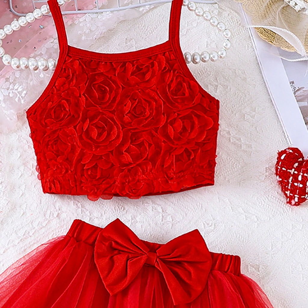 Girls Red Rose Applique Sleeveless Top With Elasticated Skirt Sets 2 pc. Sets