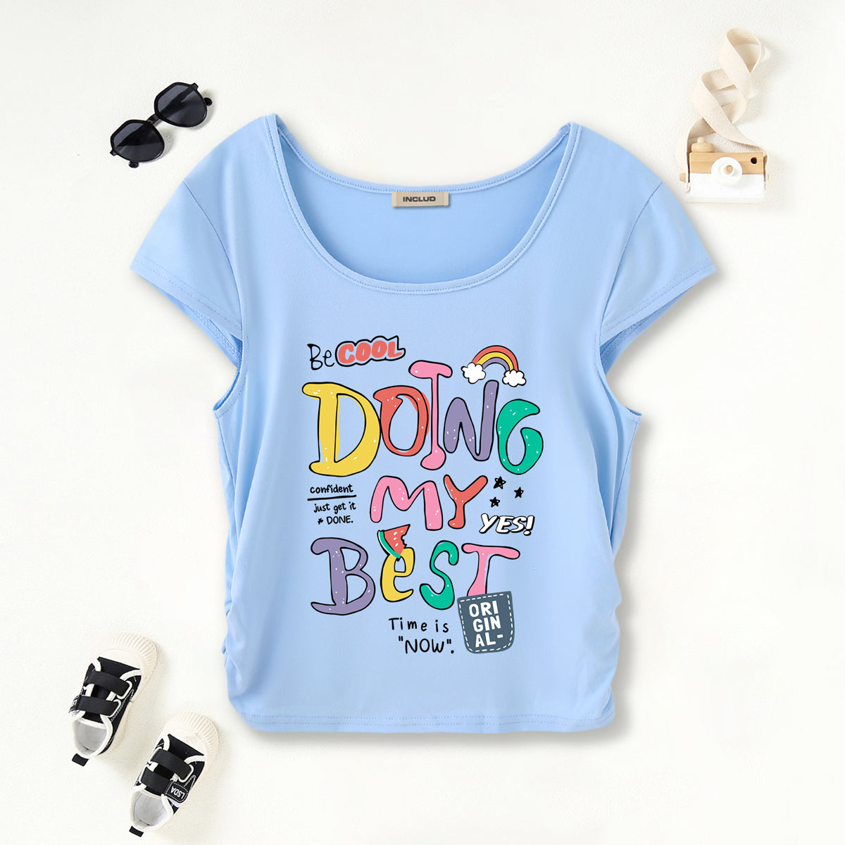 Girls Light Blue Typographic Print Short Sleeves Scoop Neck T-Shirt Tshirts Light Blue 7-8 Y