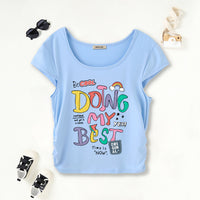 Girls Light Blue Typographic Print Short Sleeves Scoop Neck T-Shirt Tshirts Light Blue 7-8 Y