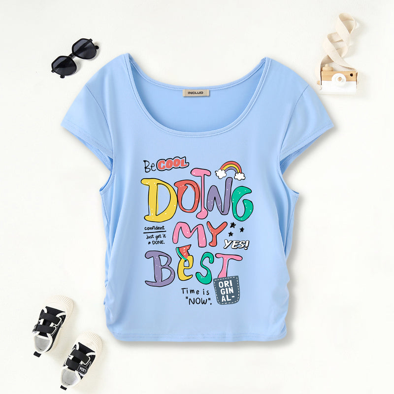 Girls Light Blue Typographic Print Short Sleeves Scoop Neck T-Shirt Tshirts Light Blue 7-8 Y