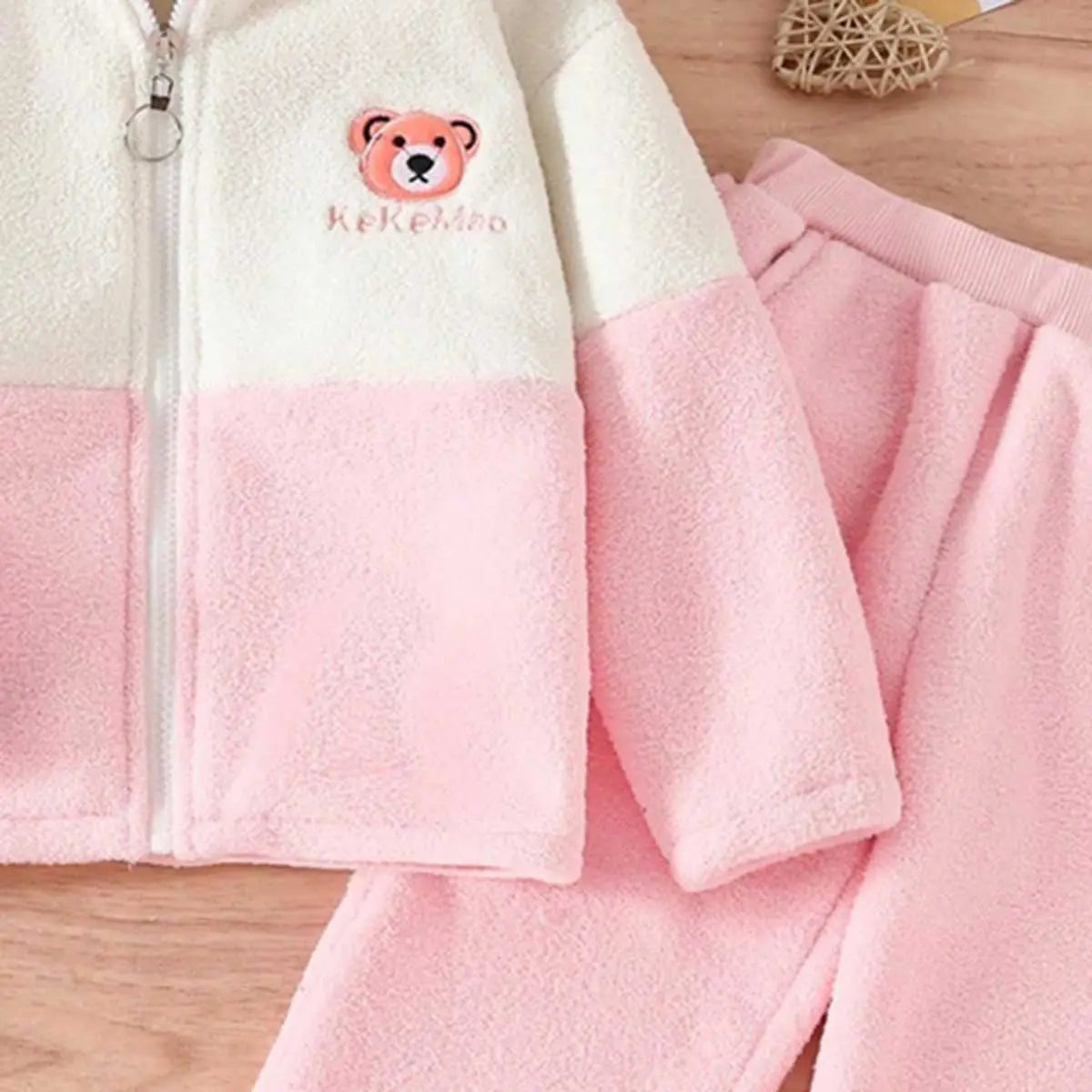 Girls Pink Bear Face Embroidered Hooded Zipper Jacket With Pants Sets 2 pc. Sets